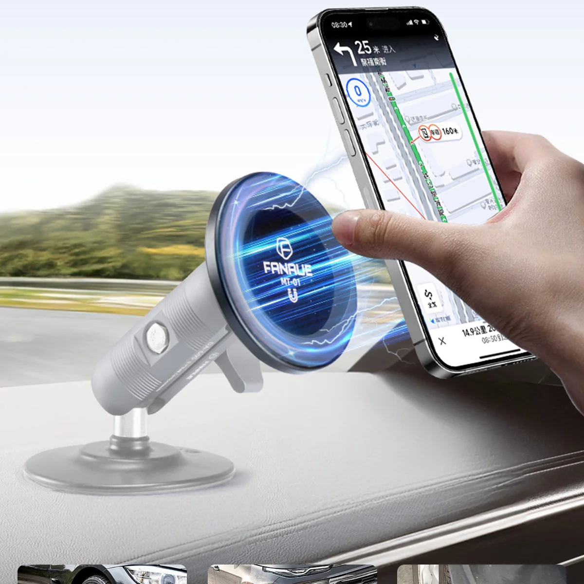 FANAUE Magnetischer Autotelefonhalter aus Aluminium, Zubehör für das Armaturenbrett des zentralen Steuerbildschirms für iPhone 14, 13, 12, Xiaomi Vivo Huaw – Detail 7