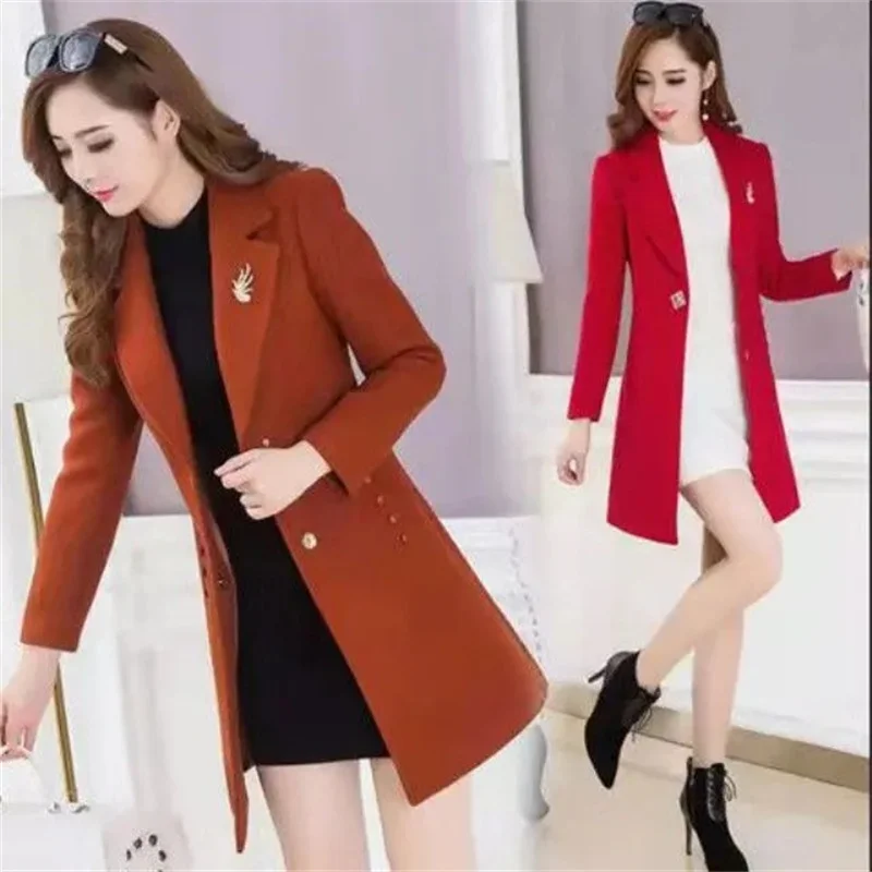 Thick Woolen Coat Women\'s Mid-Length 2023 Autumn Winter New Suit Collar Trench Coat Korean Fashion Slim Woolen Jackets trendy