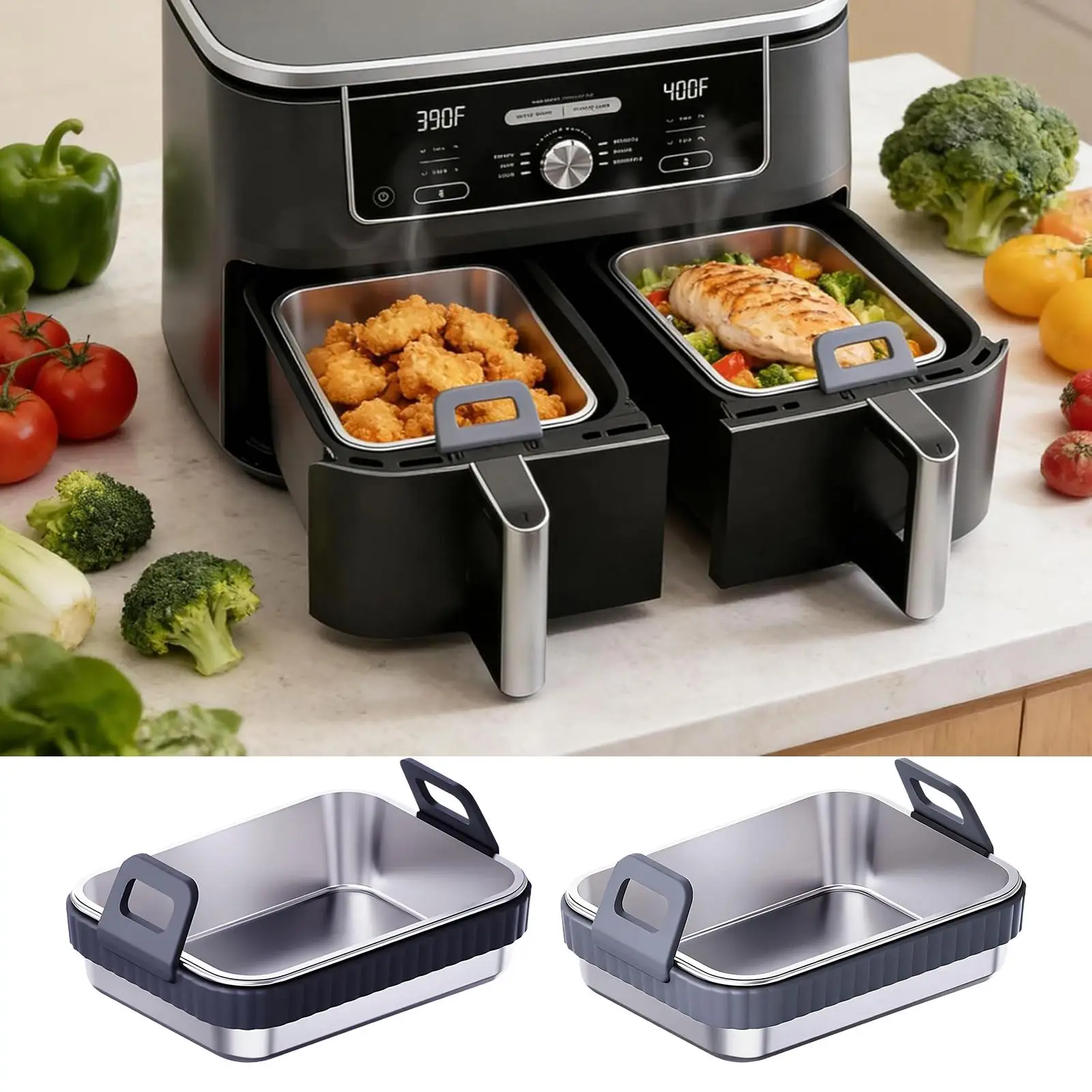 Tiefes Backblech aus Edelstahl für Heißluftfritteuse, Antihaft-Grillplatten, Ofenzubehör, Küchenbackwerkzeuge