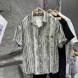 2025 Summer New Striped Shirt Short-sleeved Men's Fashion Trend Versatile and Personalized Button Cardigan Men's Clothing