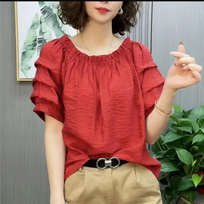 

Women's Ruffled Solid Color Simple Casual Blouse Summer Fashion Round Neck Short Sleeve Shirt Loose Pullover Tops Blusas Mujer