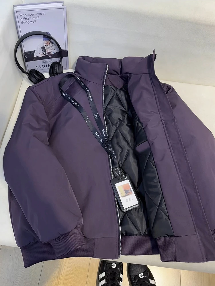 Purple Deconstructed Patchwork Stand Collar Jaet Thiened Warm Cotton Coat Men's Autumn Winter ort Sle Baseball Clothes