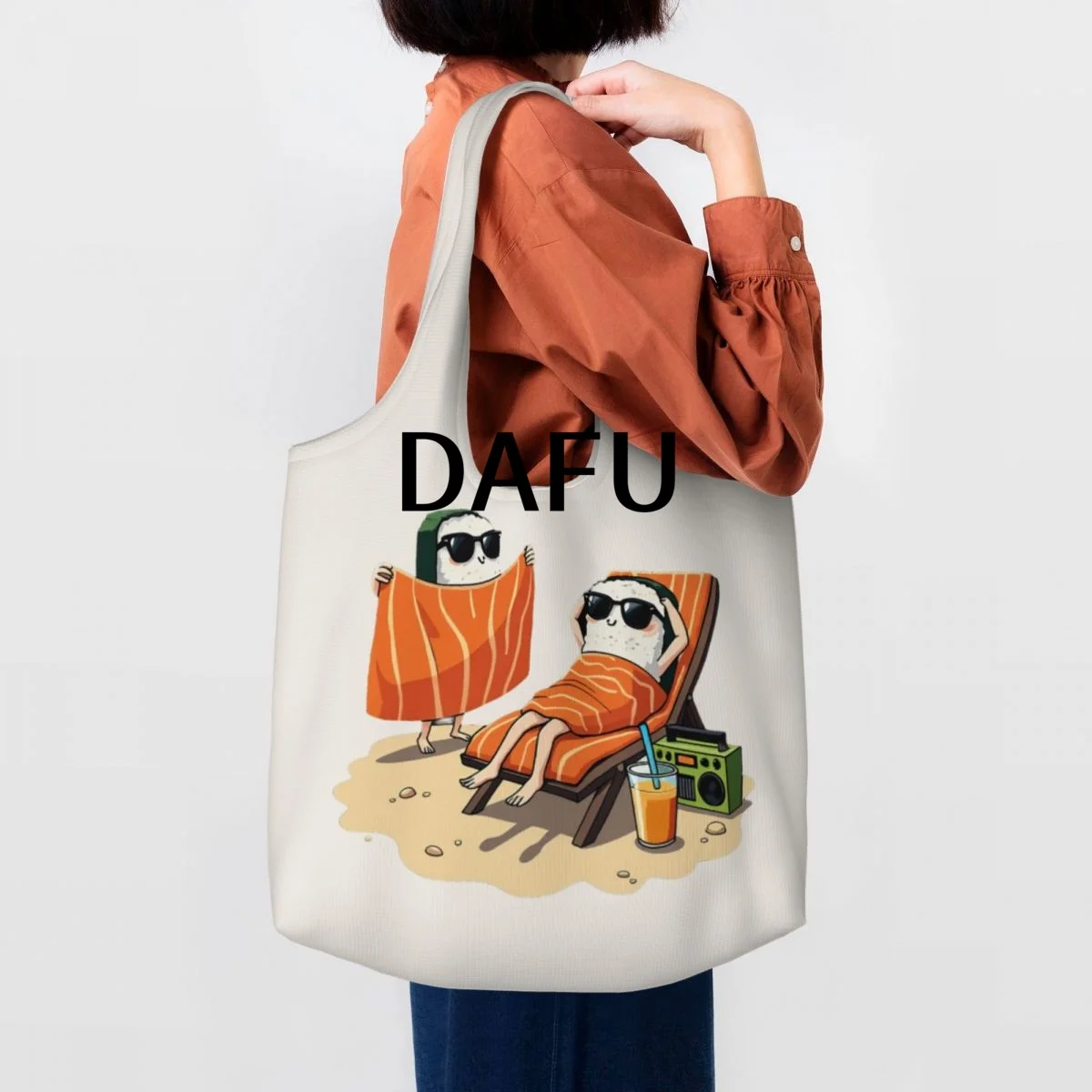 Sushi Beach Vibes Large Capacity Canvas Tote Bag Single Shoulder Work Commute Bag For Women Eco-Friendly Shopping Bag