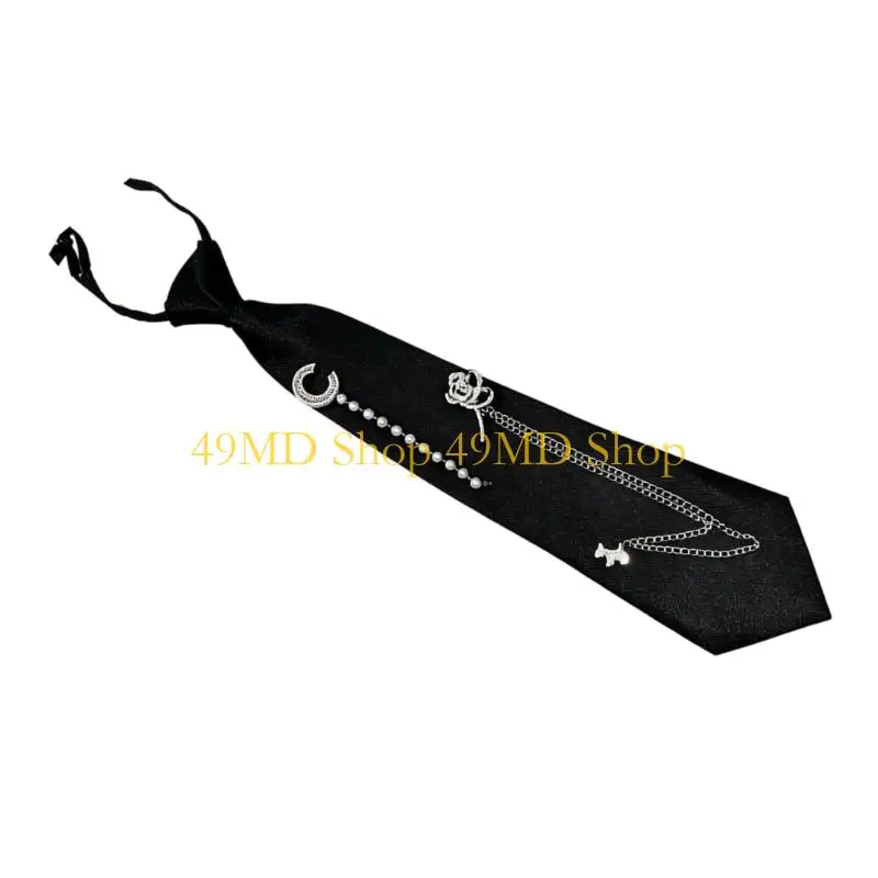49MD Decorative Necktie, Black Narrow Tie with Fixed Knot and Charm Accents for Office, Class, Party, and Photo Looks