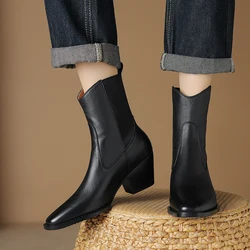 2024 New Basic Retro Women Ankle Boots Genuine Leather Autumn Winter Thick High Heels Square Toe Shoes Woman Office Lady Mature