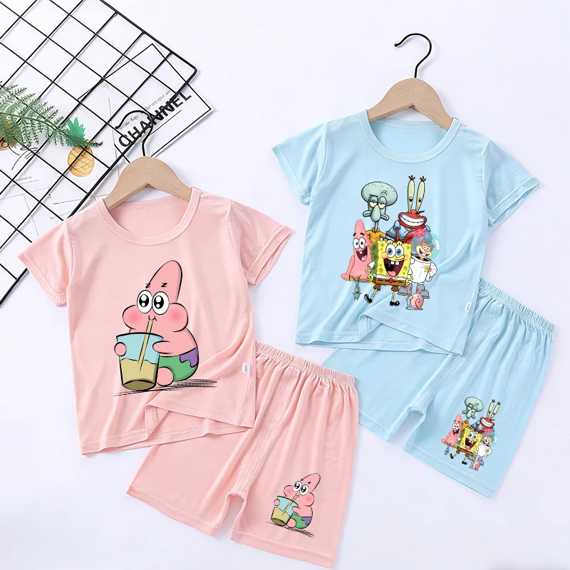 

SpongeBob SquarePants Sleepwear Cartoon Pyjamas Set Children Home Wear Short Sleeves Shorts Baby Pajamas Kid Summer Clothes Gift