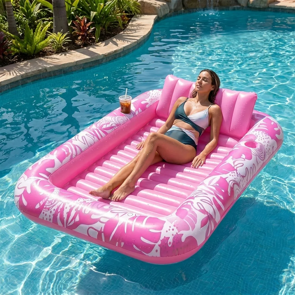 

Inflatable Pool Lounger Float Multi-purpose Suntan Water Raft with Detachable Pillow Drink Holders Portable Floating Bed for Swimming Pool Outdoor