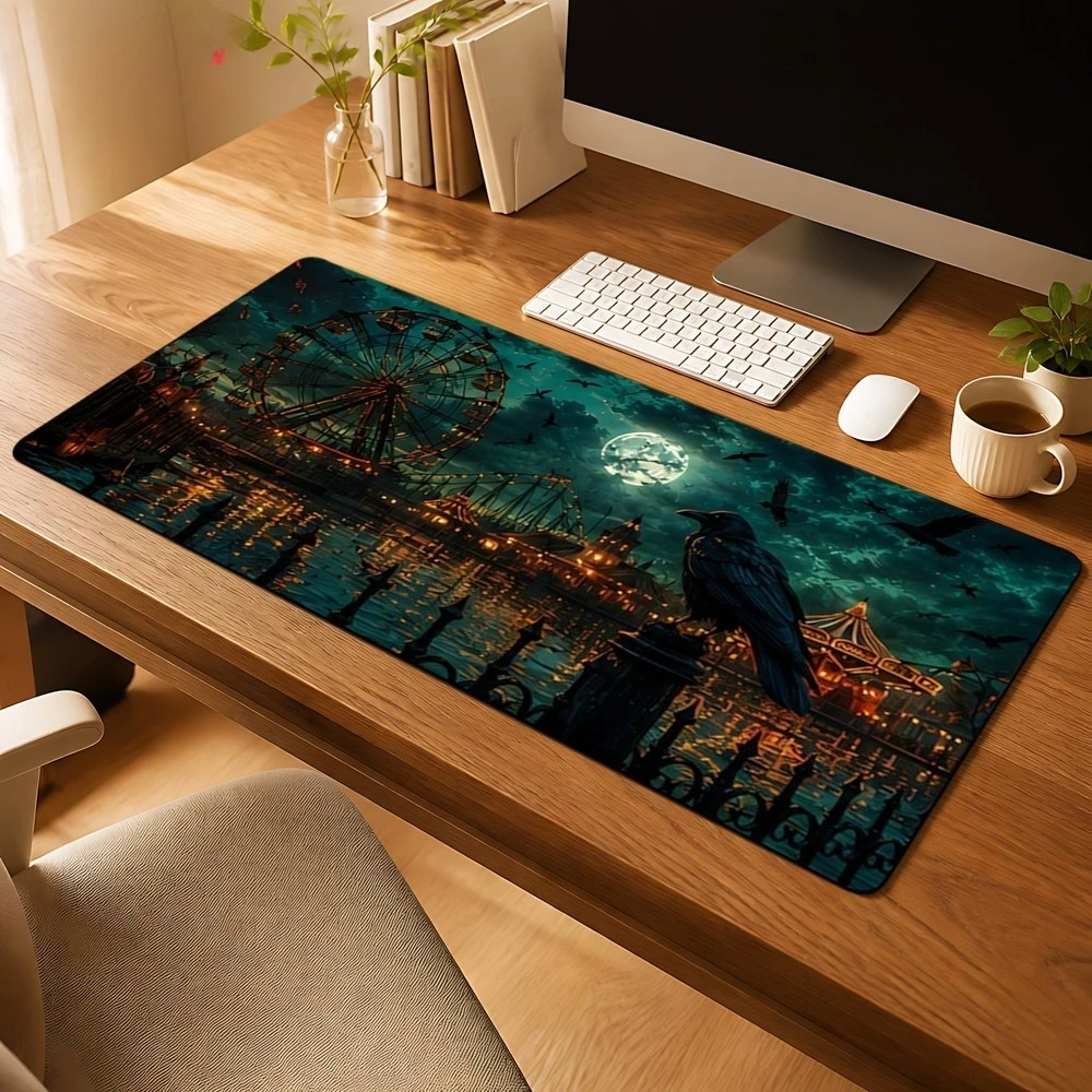 Blue and orange moonlight Ferris wheel dockside landscape mouse pad, anti-slip, workspaces and desk decoration accessories