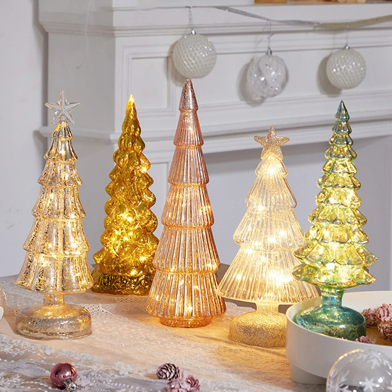 Glowing Glass Christmas Tree Ornaments Home Lighted Desktop Decorations LED Lights Party Christmas Decorations Holiday Gifts