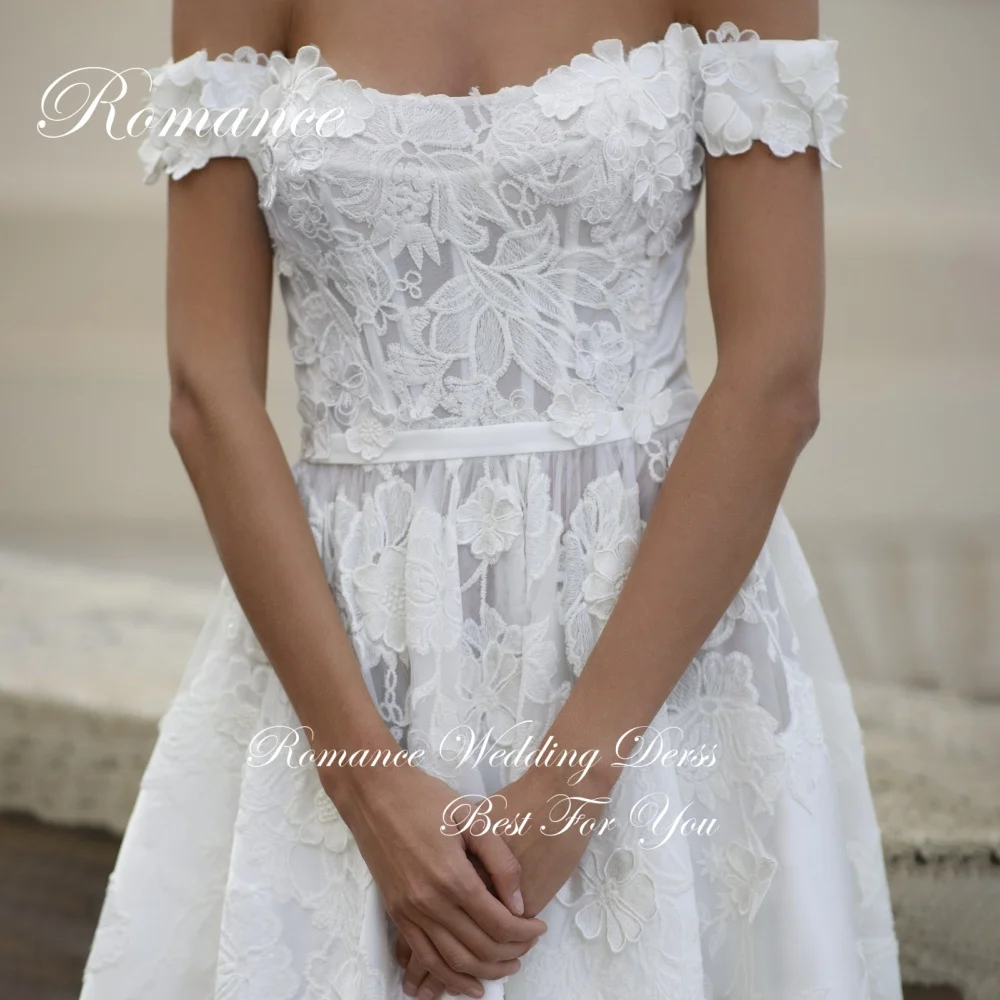 Eleganckie suknie ślubne w kształcie litery A z koronkowymi aplikacjami, odkryte ramiona, 2025, kwiaty, dekolt w łódkę, długość do kostek, Vestidos De Novia, możliwość personalizacji.