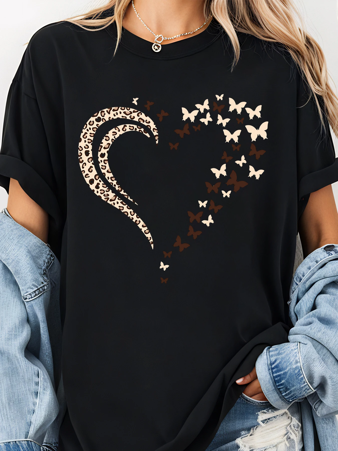 Hart Luipaardprint Vlinder Ontwerp Oversized T-shirt Dames Casual Streetwear Mode Top