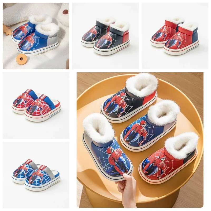 Baby Boy Winter Cotton Slippers Cartoon Marvel Spiderman Print Children Autumn Warm Princess Kid Girl Indoor Outdoor Plush Shoes