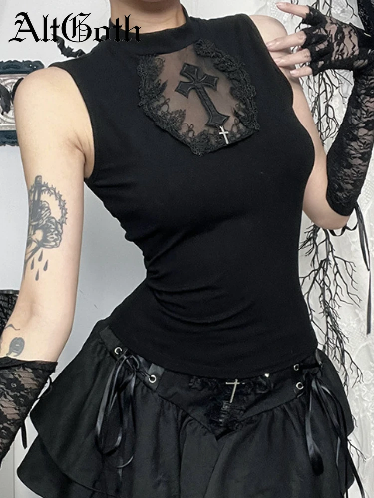 

AltGoth Dark Academia Goth жилет женский Harajuku уличная одежда сетчатый лоскутный прозрачный укороченный топ на бретелях Y2k одежда в стиле киберпанк