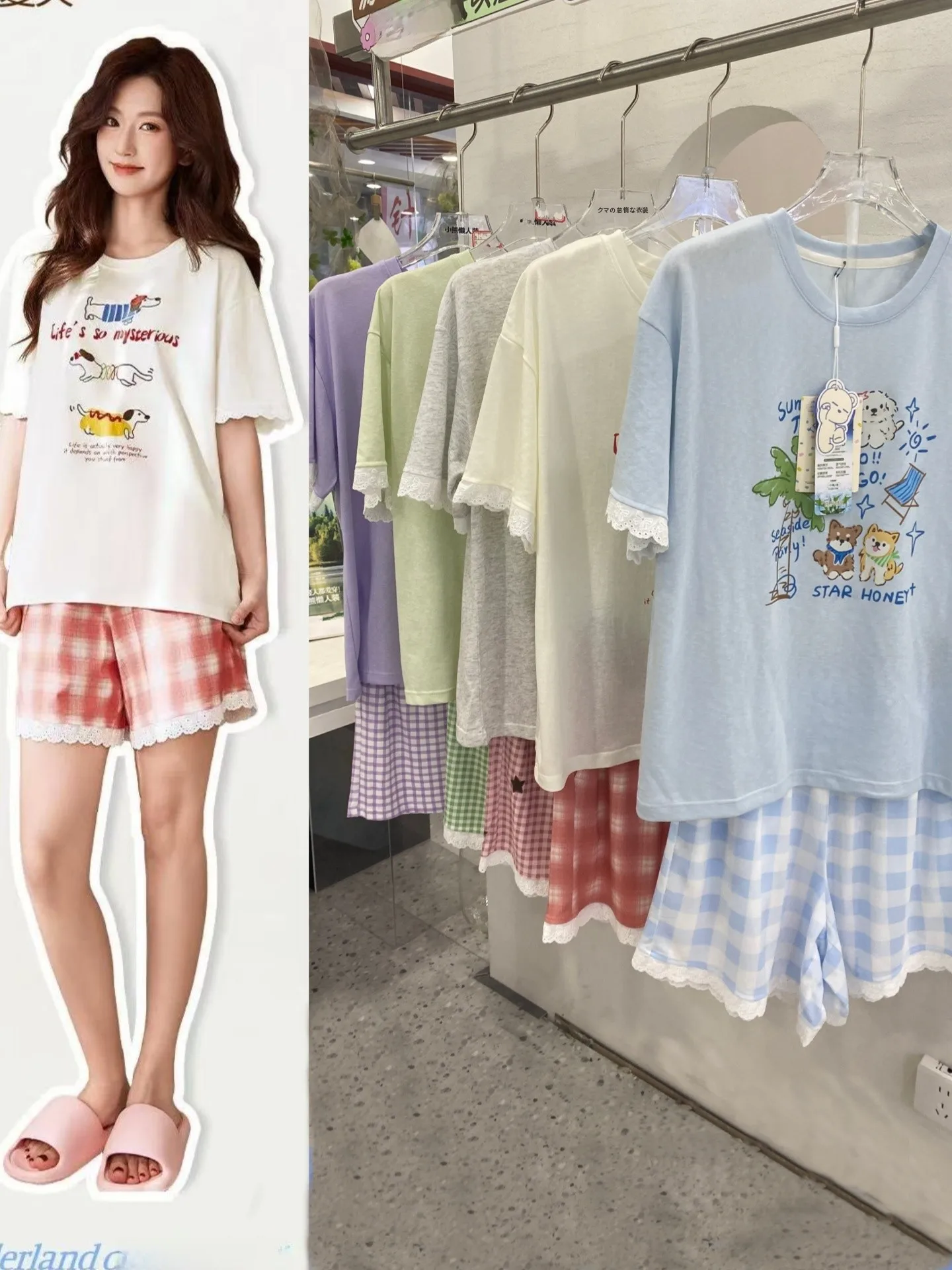 round-neck-short-sleeve-sleepwear-with-lace-trim-snowflake-cotton-shorts-lazy-style-home-comfortable-breathable-spring-summer