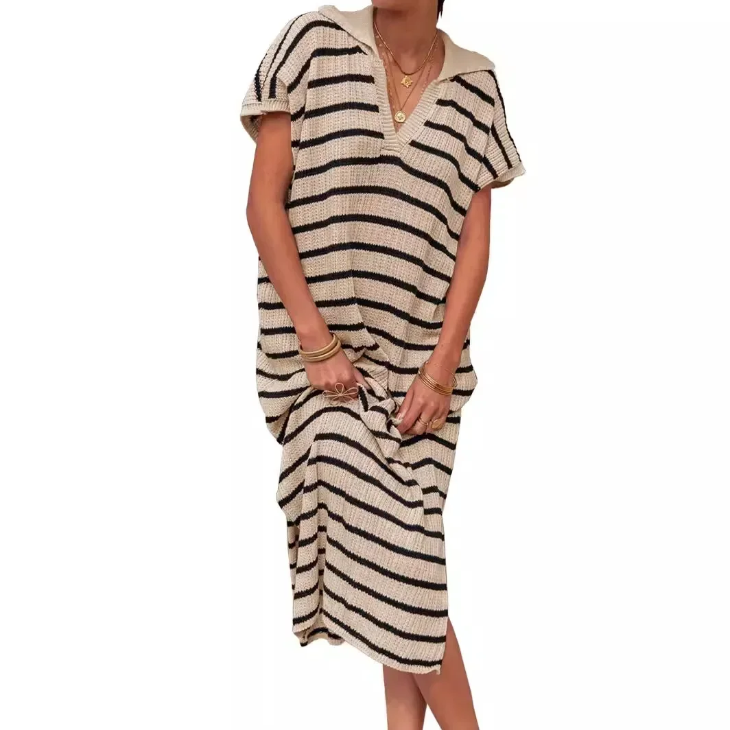 

Женское свободное трикотажное платье миди Puloru, летнее повседневное платье в полоску с коротким рукавом, отложным воротником, прямое, на каждый день