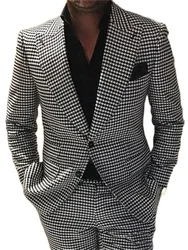 2 Piece Plaid Men Suits for Wedding Houndstooth Checkered Groom Tuxedos Male Fashion Clothes  Costumes Set Jacket with Pants