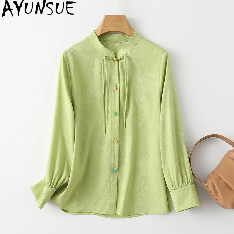 

AYUNSUE 92% Genuine Mulberry Silk Shirt Women Retro Long Sleeved Womens Summer Clothes New Floral Shirts Blouses Tops 2024