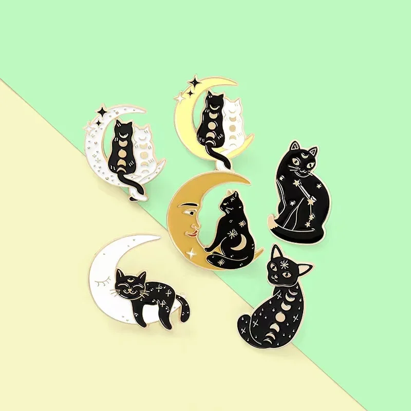 Witch Cats Brooches Moon Phase Wizard Cat Enamel Pins Lapel Backpack Black Witch Metal Badges Jewelry Gift for Friend Wholesale