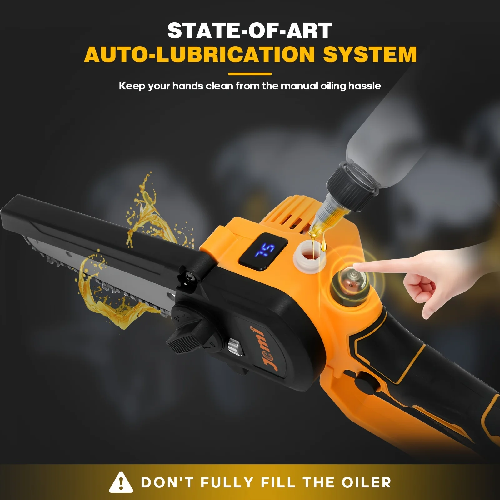 Jemi Tool 6-inch mini chainsaw with battery and charger, automatic chain lubrication, and automatic adjustment of chain tension