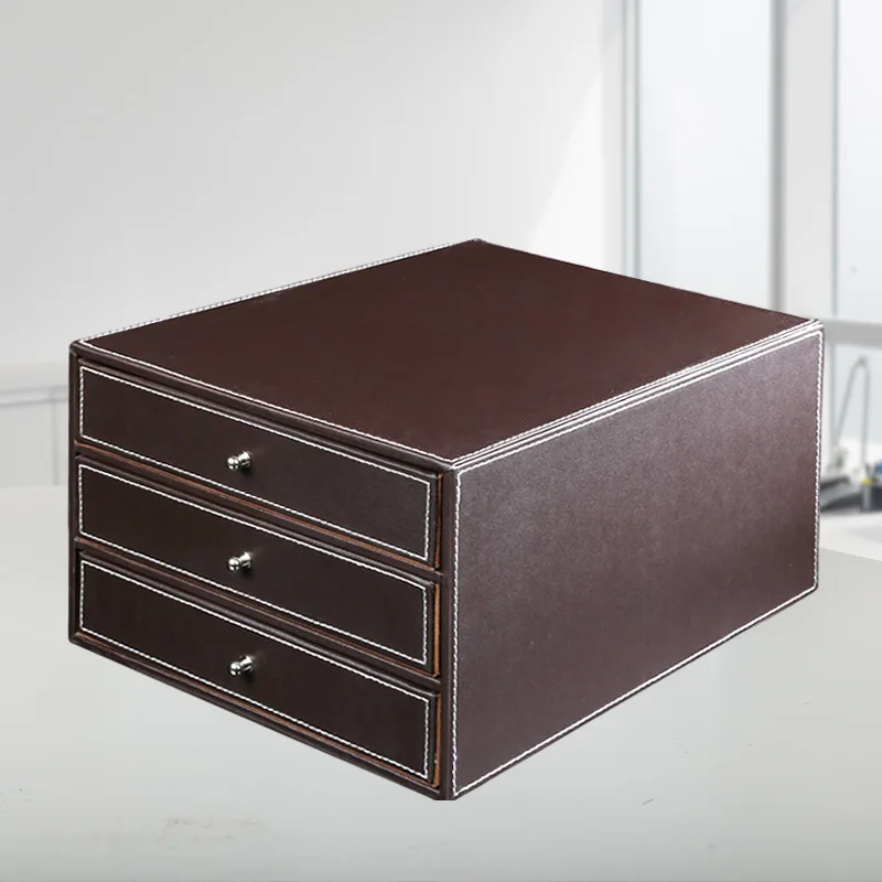 Business Office Documents Three-Layer Leather Storage Cabinet A4 Paper Chest Of Drawers High-End Office Creative File Cabinet