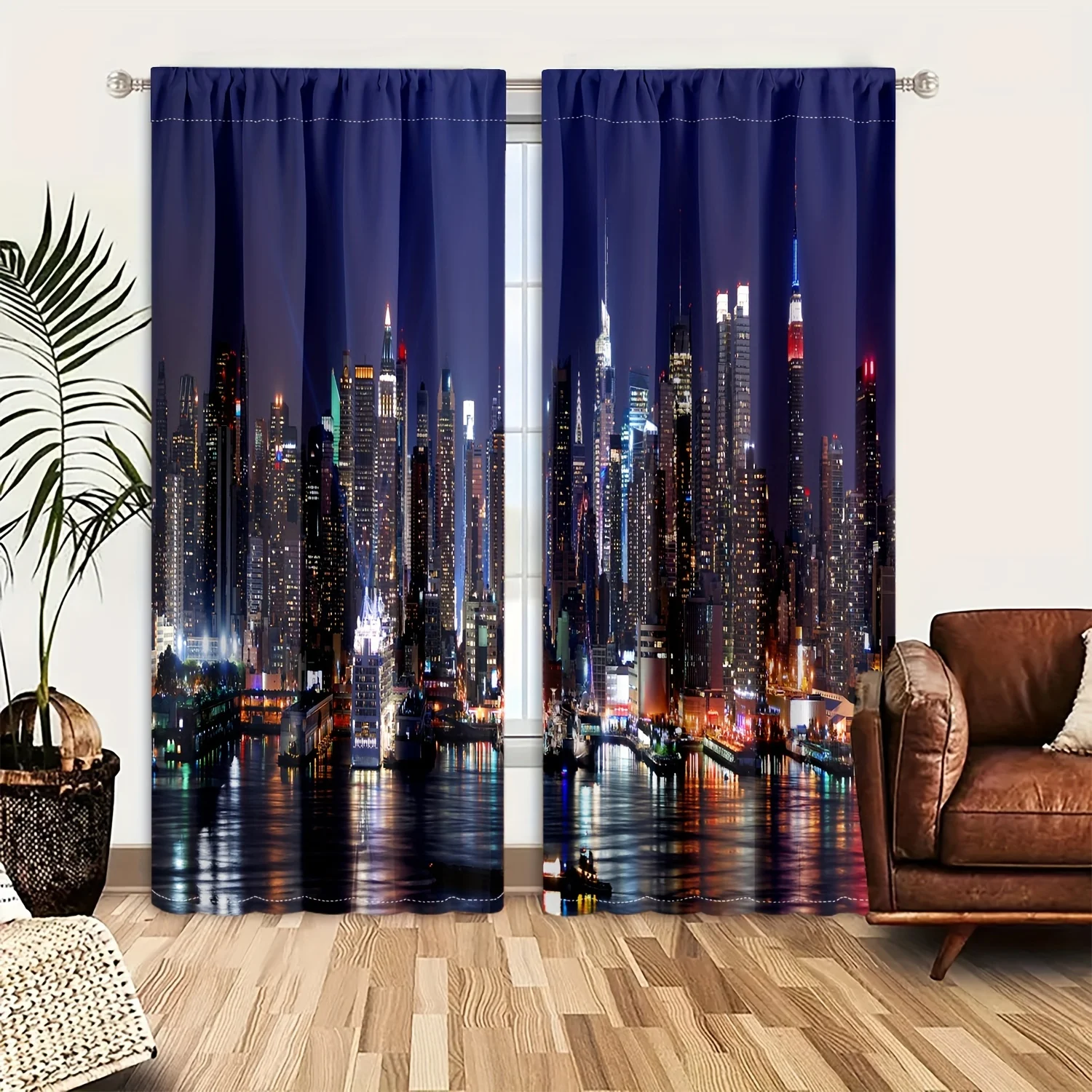 2pcs New Night City Skyline Pattern Decorative Curtain Rods PocketCurtain Suitable For All Seasons, Used For Bedroom, Kitchen,