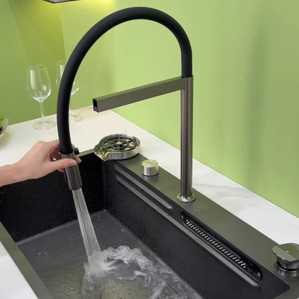 

SKOWLL Modern Gun Gray Pull Down Kitchen Mixer Tap, Compatible with Kitchen Sinks