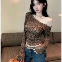 American Style Long Sleeve Leopard Print Base Shirt Slim Fit Spring Autumn Korean Style Casual Slimming Top for Women