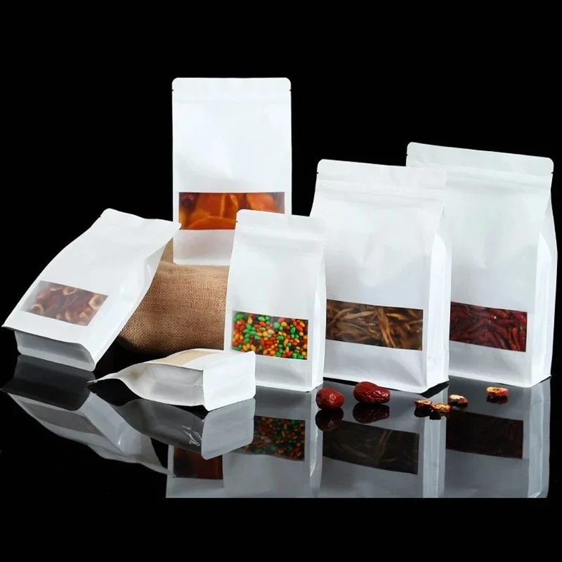 

50pcs/Lot 3D Resealable White Paper Window Zip Lock Bag Heat Sealing Biscuit Nuts Spice Coffee Beans Storage Packaging Pouches