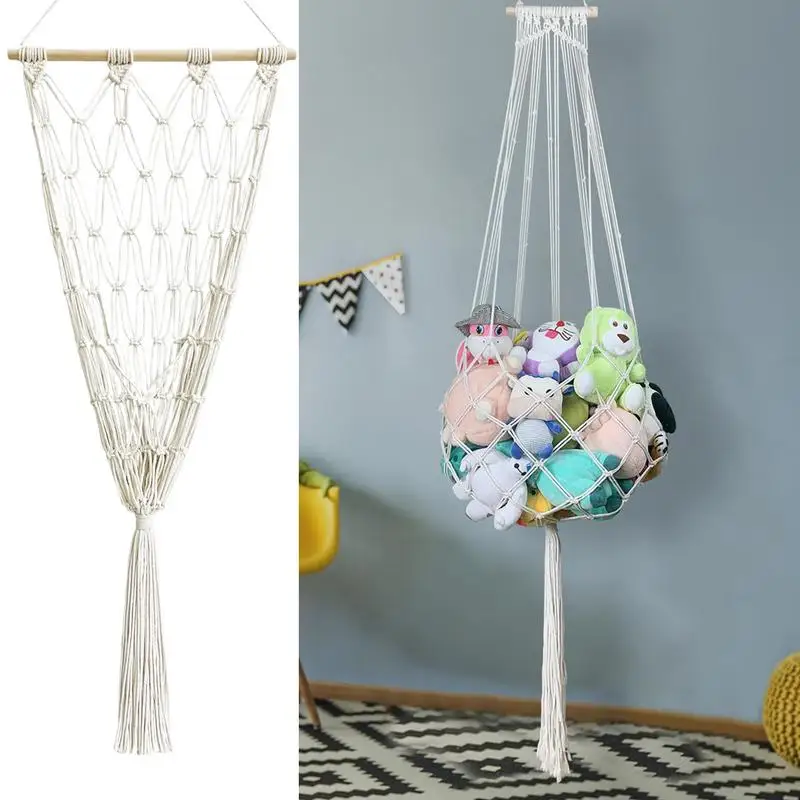 Macrame Wall Hang Toy Net Boho Plush Toy Hammock Stuffed With Tassels Wall Hang Net Corner Hanging Mesh Soft Storage Organizer