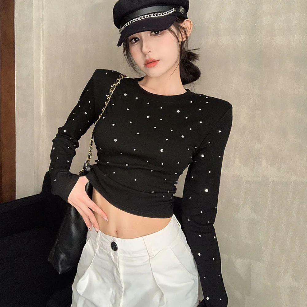 Black Hot Girl Crop Tops Ladies Long Sleeve Slim T-shirt For Women's Autumn Shoulder Pad Hot Diamond White Tees Female Trend