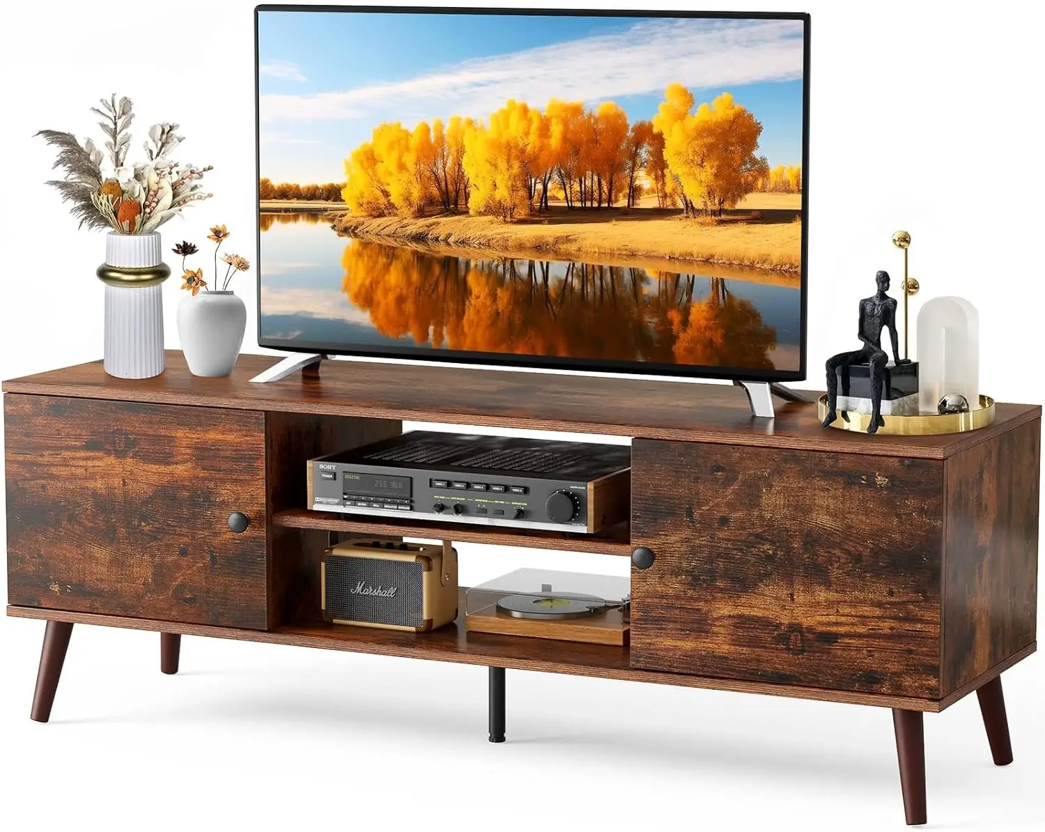 TV Stand for 55 60 inch Television, Entertainment Center with Storage, 2 Cabinet Media Console Table, Soft Hinge Door