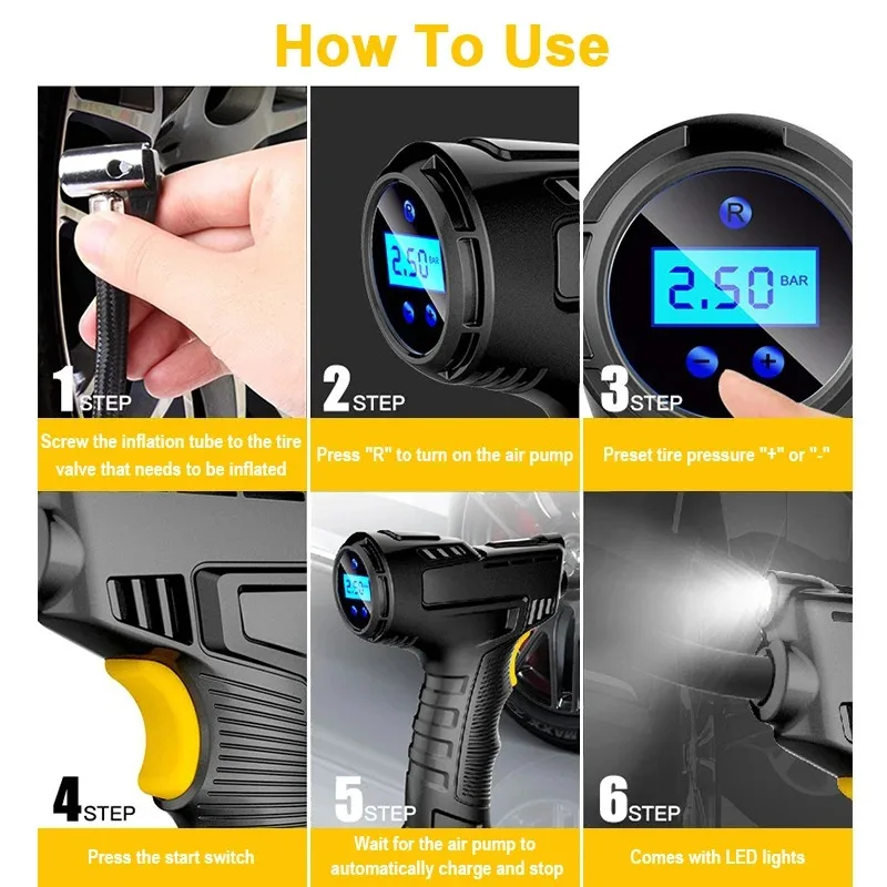 EAFC 120 W tragbarer Luftkompressor, kabellose aufblasbare Pumpe, tragbare Luftpumpe, Reifenfüller für Auto, Fahrrad, Bälle, Motorrad, LED-Leuchten, UBS-Ladegerät – Detail 6