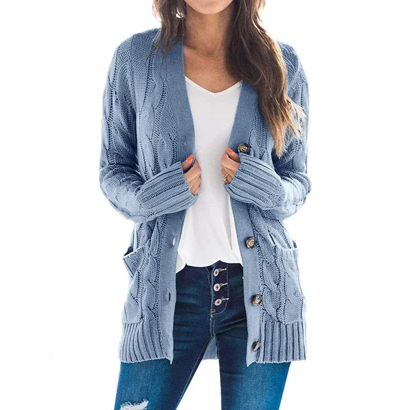New in Women Sweater Coat Solid Color Long Sleeve Button Down Cable Knit Jacket with Pocket Loose Fit Cardigan Sweater for Lady