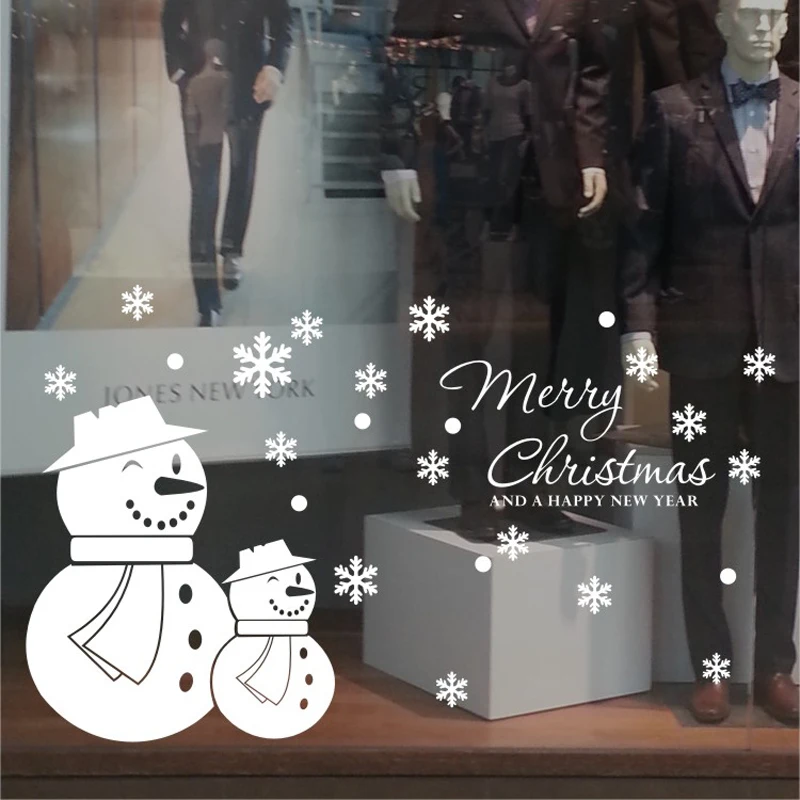 Merry Christmas Snowman Wall Decal, Holiday Snowflake Sticker for Living Room Window, Vinyl Winter Home Decor Art Poster