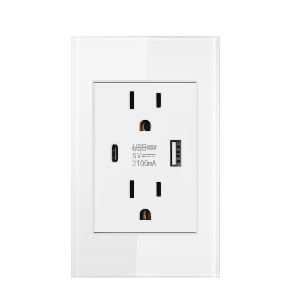 VISWE US Standard socket with usb type-c charging 5V 2.1A, 118*72mm Tempered Glass Panel, dual American Wall Outlet 15A 220V