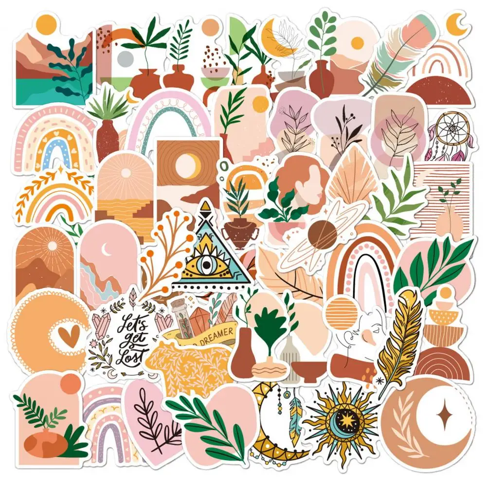 Pegatinas de papelería para piezas, pegatinas de dibujos animados de arte bohemio, impermeables, para ordenador portátil, equipaje, monopatín, teléfono y maleta, 50 Uds.