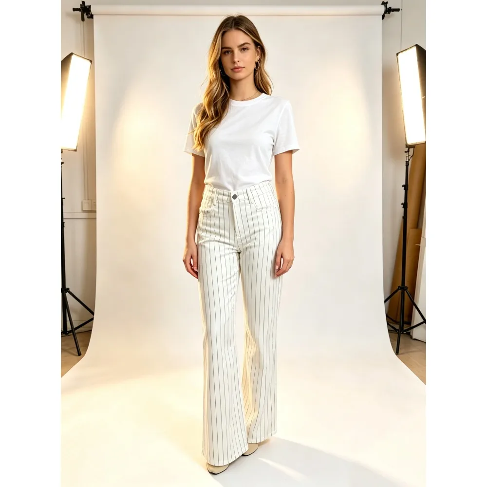 Ladies jeans with high waist and vertical stripes, slim and drape, white elastic slim and versatile trousers.