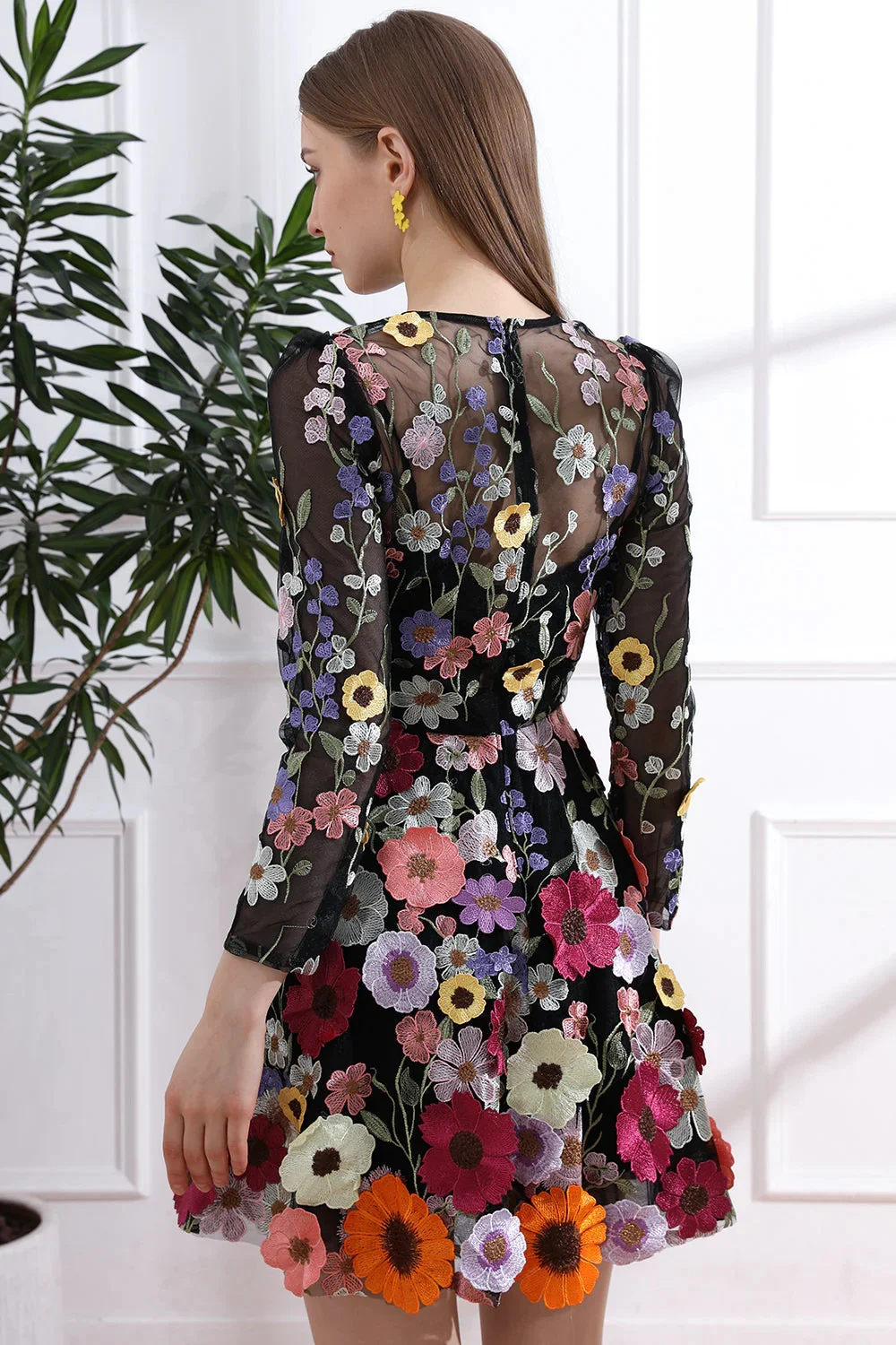 Annie-Robe de Bal en Dentelle à Manches sulf, Brodée de Fleurs, Noire, en Tulle, Courte, Éducative