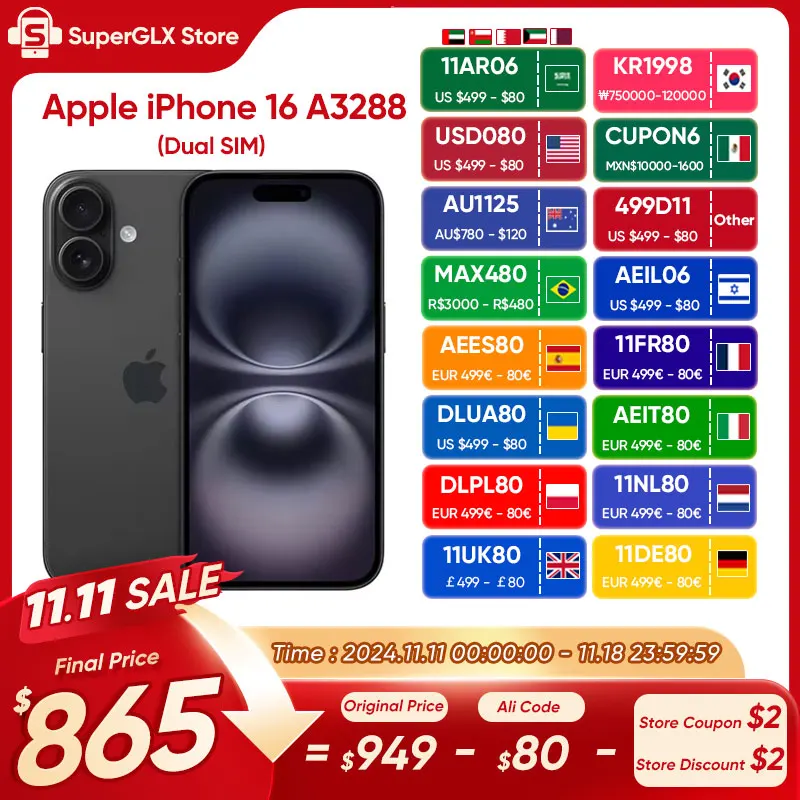 100% New Original Apple iPhone 16 A3288 iOS 18 Apple A18 Bionic Super Retina XDR OLED Display IP68 dust/water resistant Dual SIM