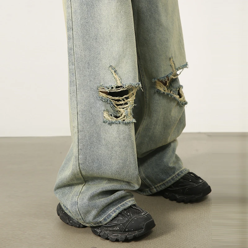 Korean Fashion Hole Ripped Jeans Men Mid-waist Straight Wide Leg Pants Hip Hop Streetwear Vintage Washed Jeans Trousers For Men