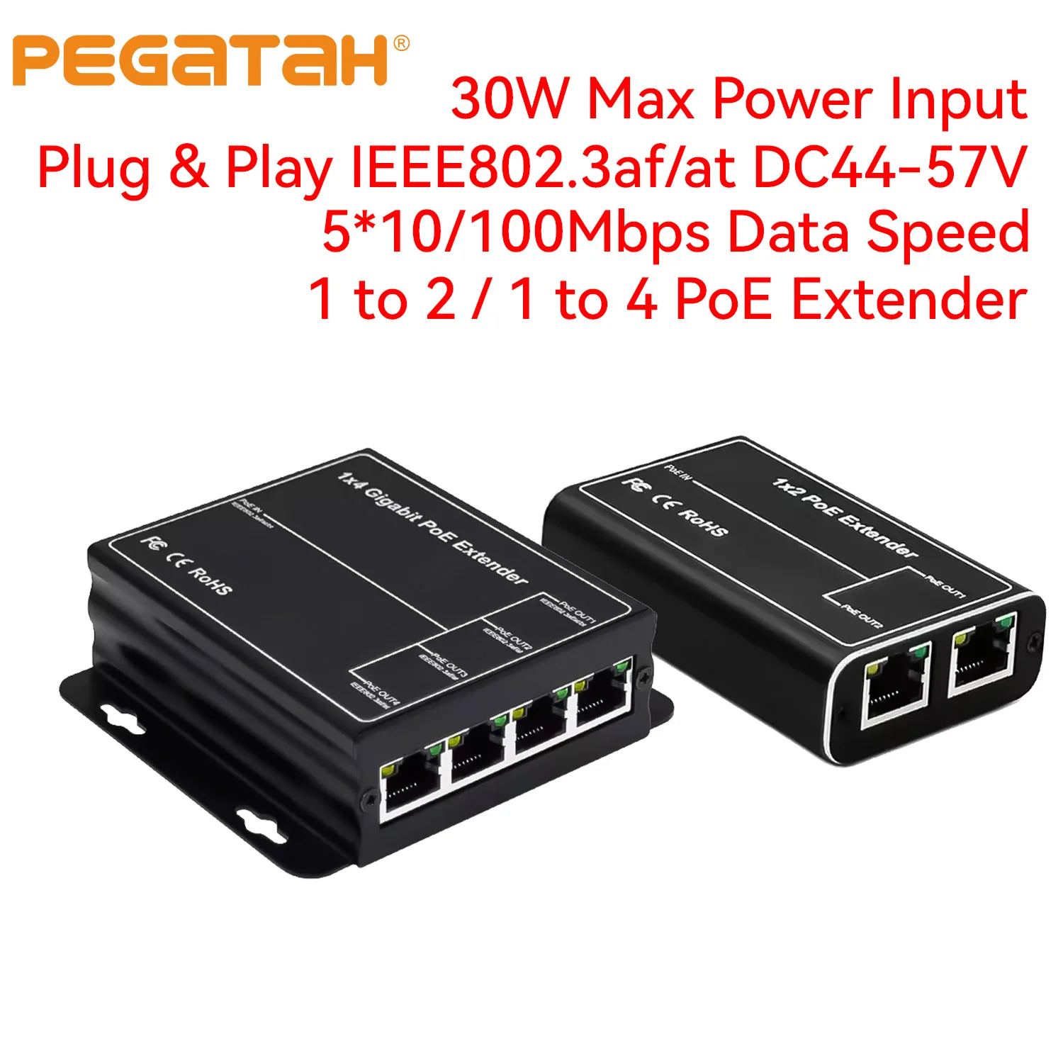 

PEGATAH 4 Port PoE Extender 2 Port 100Mbps Network Switch 30W IEEE802.3af/at Repeater Plug & Play for NVR IP Camera PoE Switch