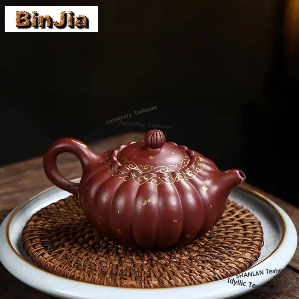 180ml Handmade Yixing Purple Clay Pot Gold Pattern Pumpkin Teapot Authentic Raw Ore Mud Tea Maker Kettle Zisha Tea Set Drinkware