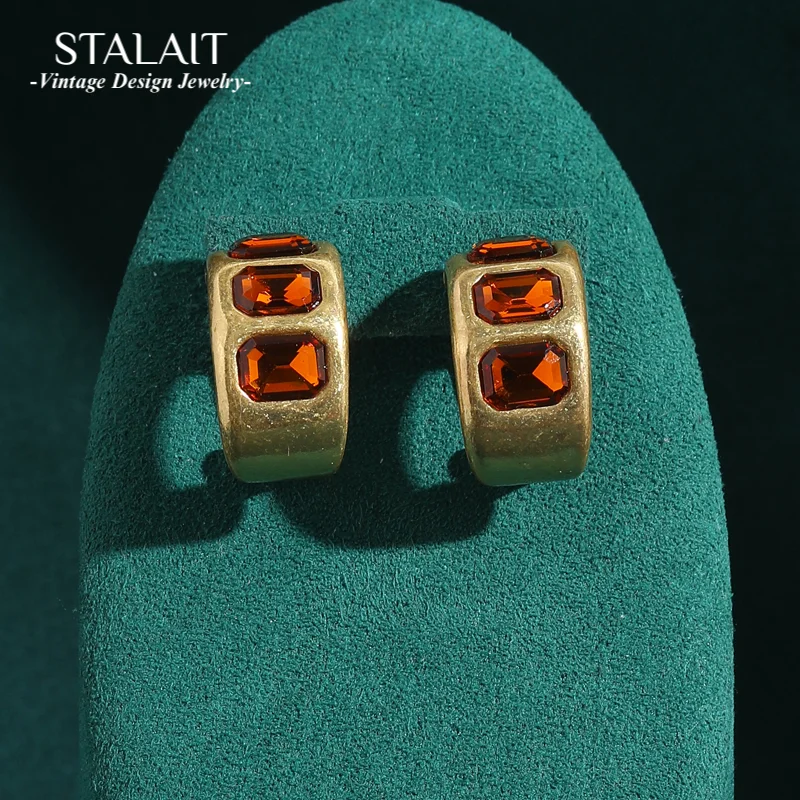 

Vintage Jewelry Boho Square Orange Crystal Studs Earrings Luxury Designer For Woman Goth Statement Large Charm Accessories 2025