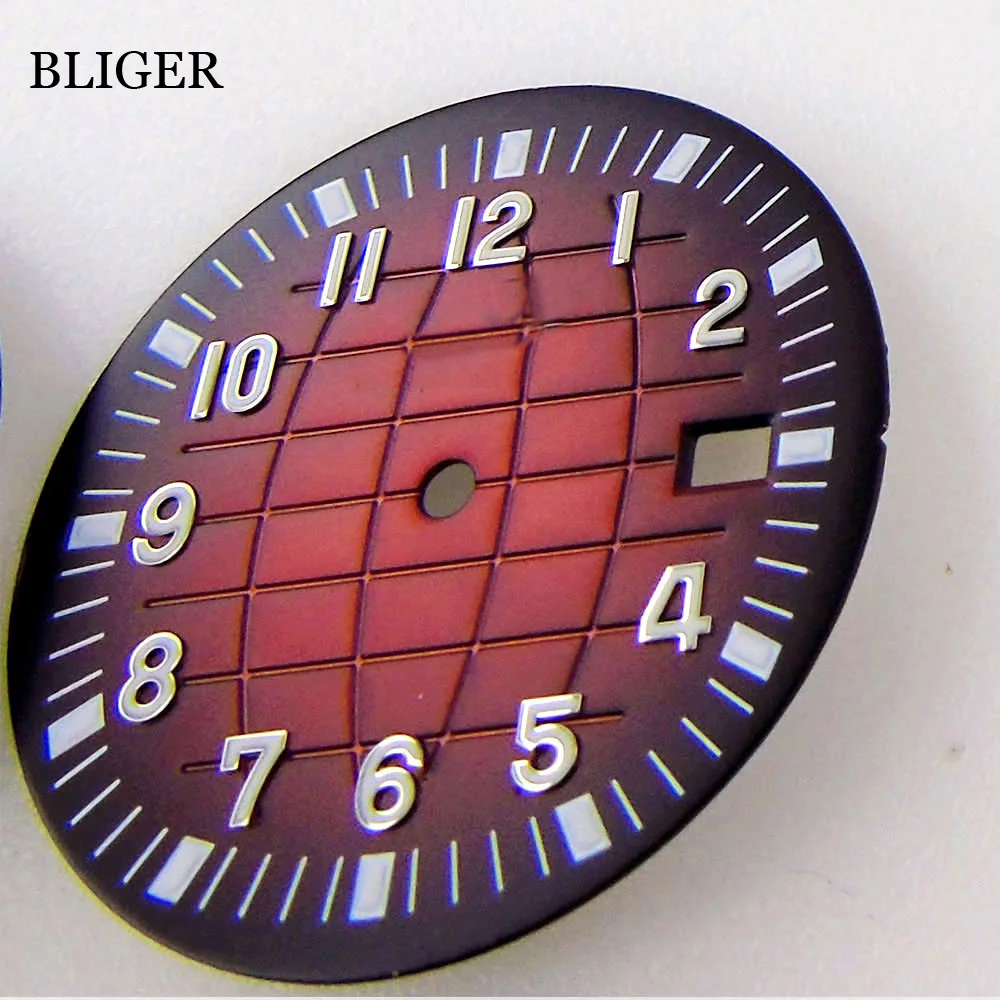 BLIGER 33mm Watch Dial Luminous Fit NH35 NH35A Movement Date Window Red Blue Black Green Earth Pattern Watch Parts