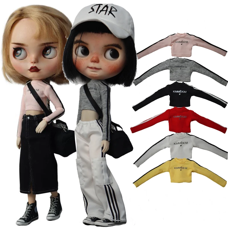 Fit Blythe Doll Clothes Black White Grey Pink Yellow Red T-Shirt Tops Baseball Cap for Ob24 Ob22 Azone Doll Hip-hop Pants