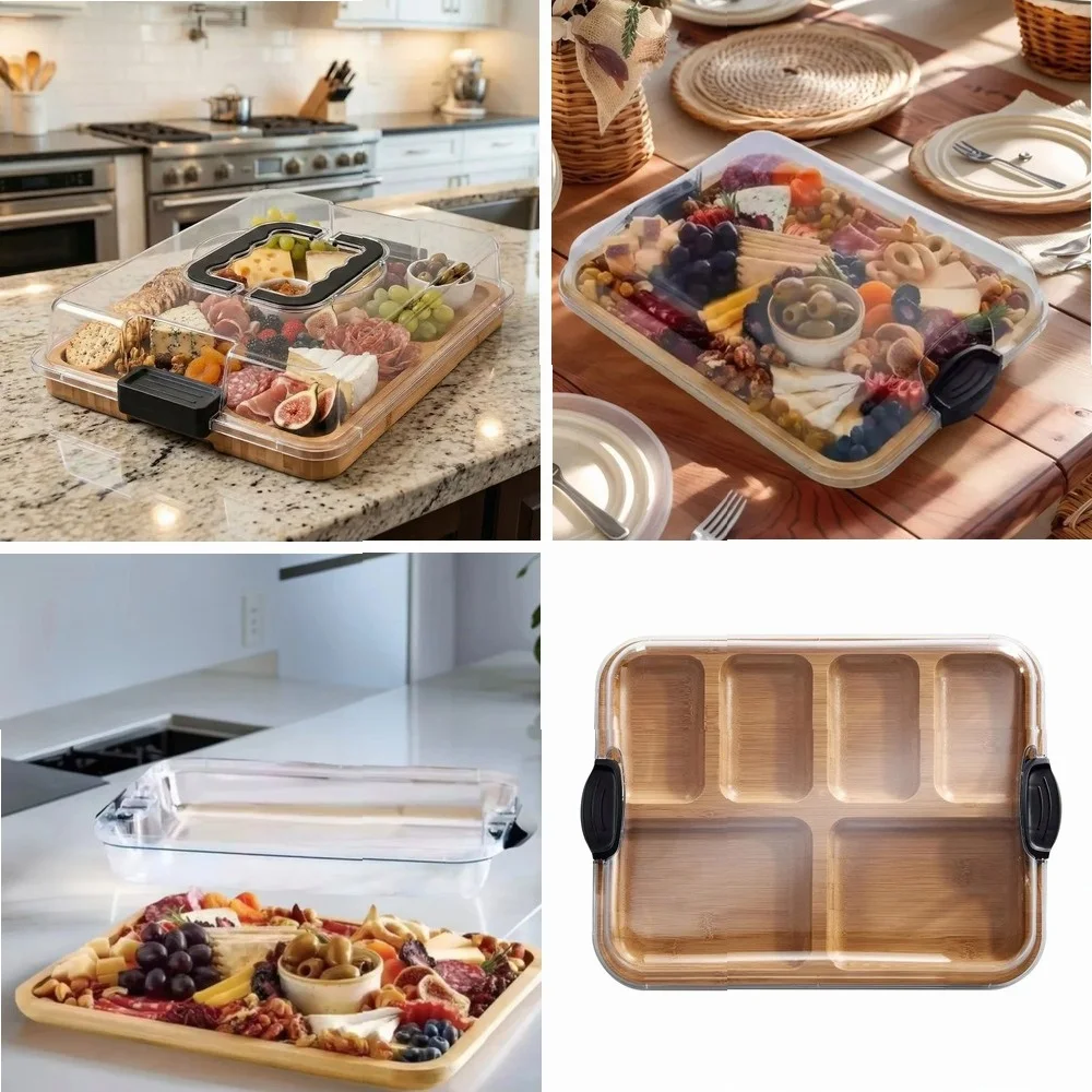 

Portable Wooden Charcuterie Board Square Transparent Acrylic Lid Cheese Tray Durable Biscuit Snacks Platter Camping