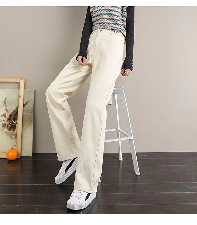 الشتاء سميكة الدافئة المرأة عالية الخصر الجينز صوف مبطن فضفاض صالح واسعة الساق السراويل الكورية نمط بسط قابل للتعديل الخصر الجينز #4