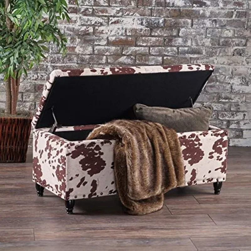 Knight Home Tatiana Velvet Storage Ottoman, Milk Cow / Dark Brown Ottoman Storage  Stools