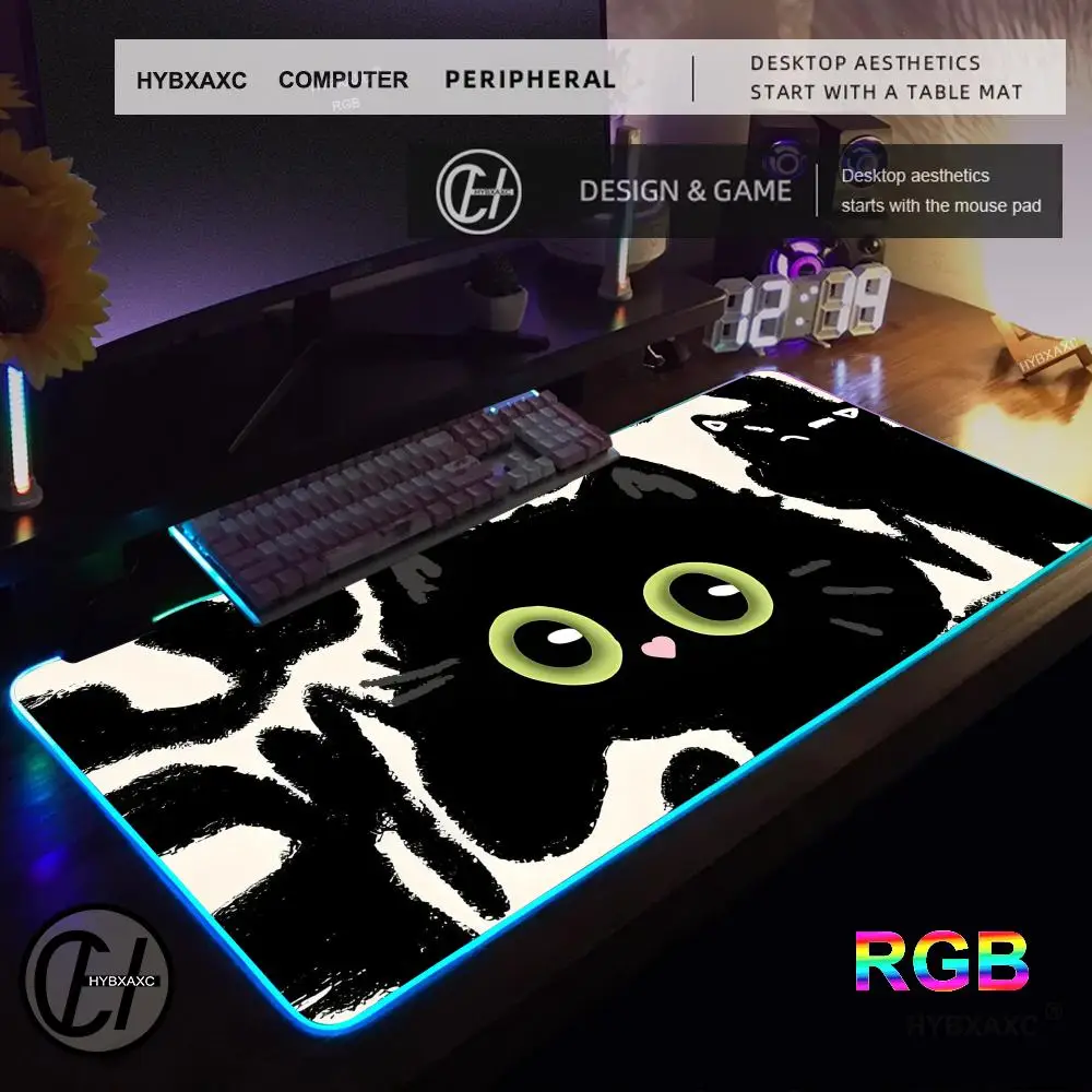 

Коврик для мыши RGB с милым котом, настольный коврик с LED-подсветкой, коврик для игровой клавиатуры, аксессуары для компьютера и офиса, кавайный коврик с черным котом