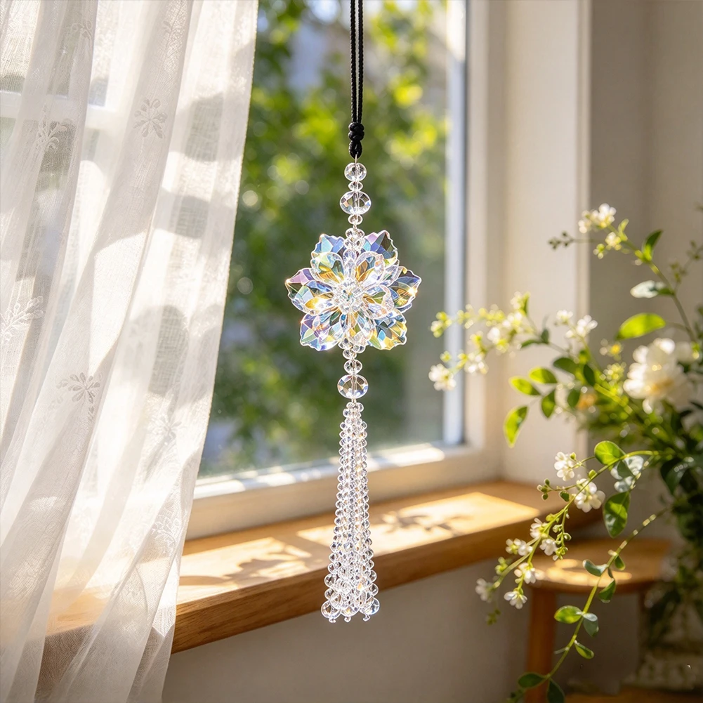 Kristall-Schneeflocken-Sonnenfänger für Auto-Rückspiegel, Hängedekoration, AB-Prisma-Anhänger mit Perlenquaste, Fensterornament für Zuhause – Detail 6